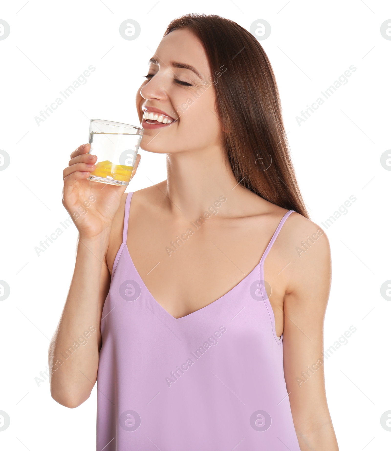 Photo of Young woman drinking lemon water on white background