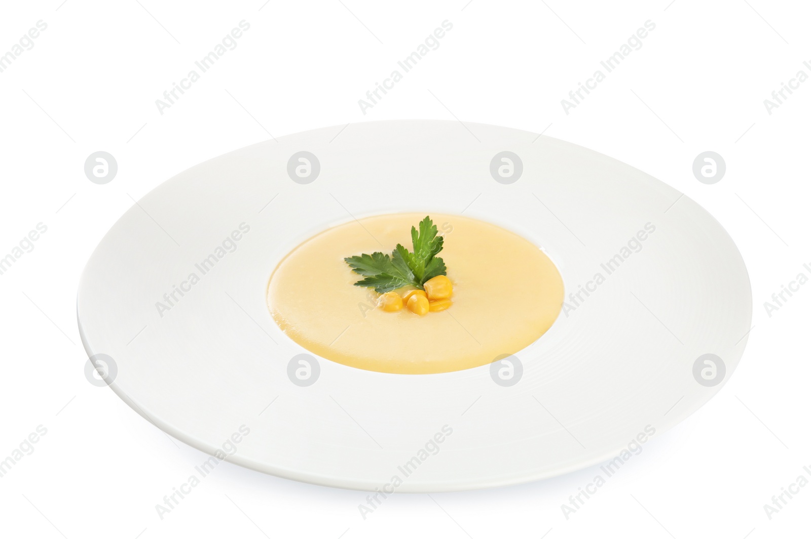 Photo of Delicious corn cream soup isolated on white