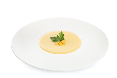 Delicious corn cream soup isolated on white