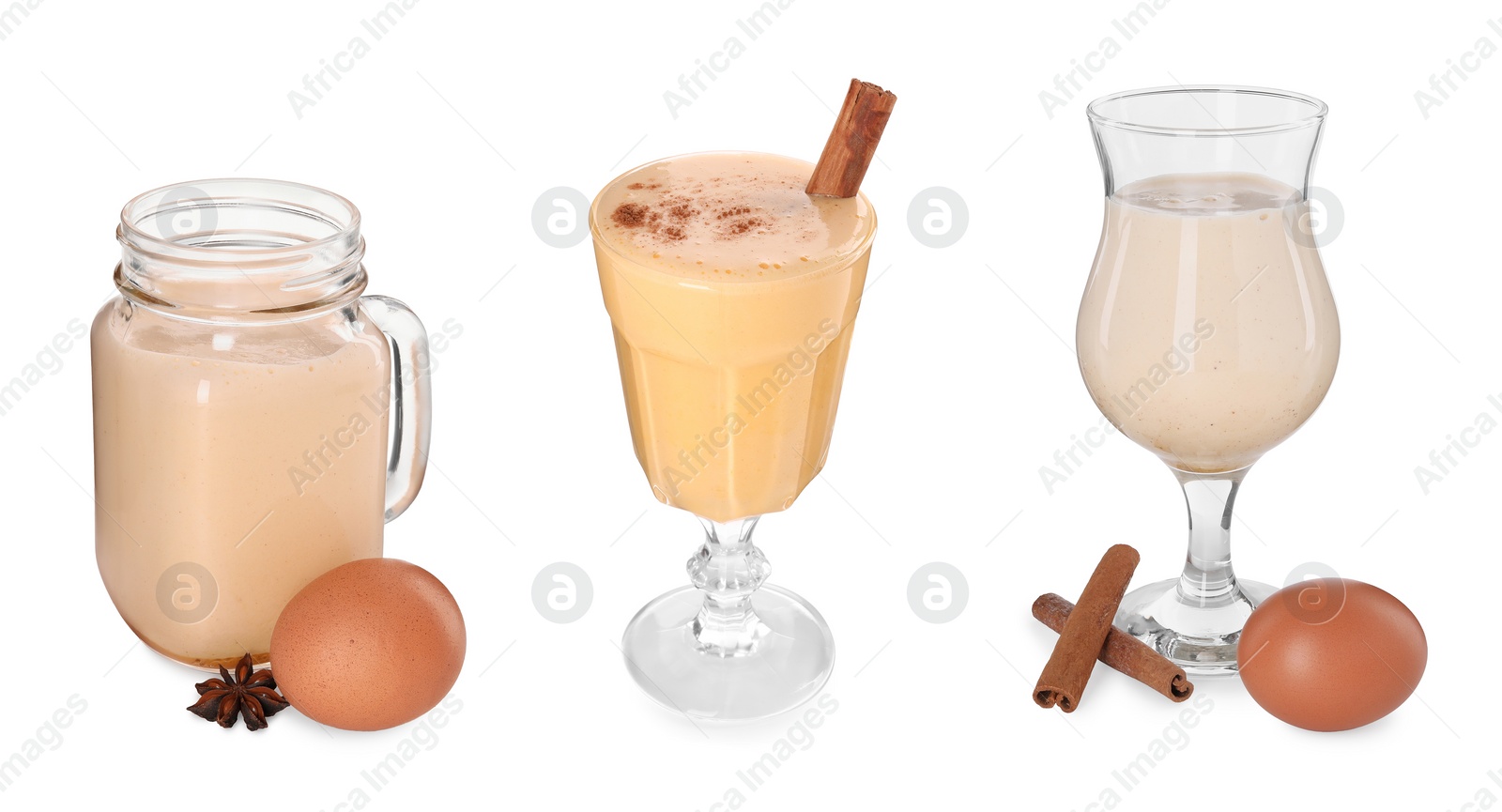 Image of Different delicious eggnog isolated on white, set