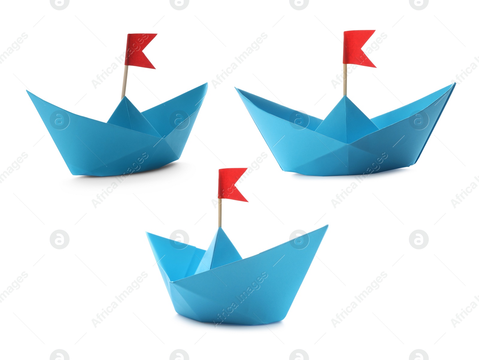 Image of Light blue paper boats with red flags on white background, collage