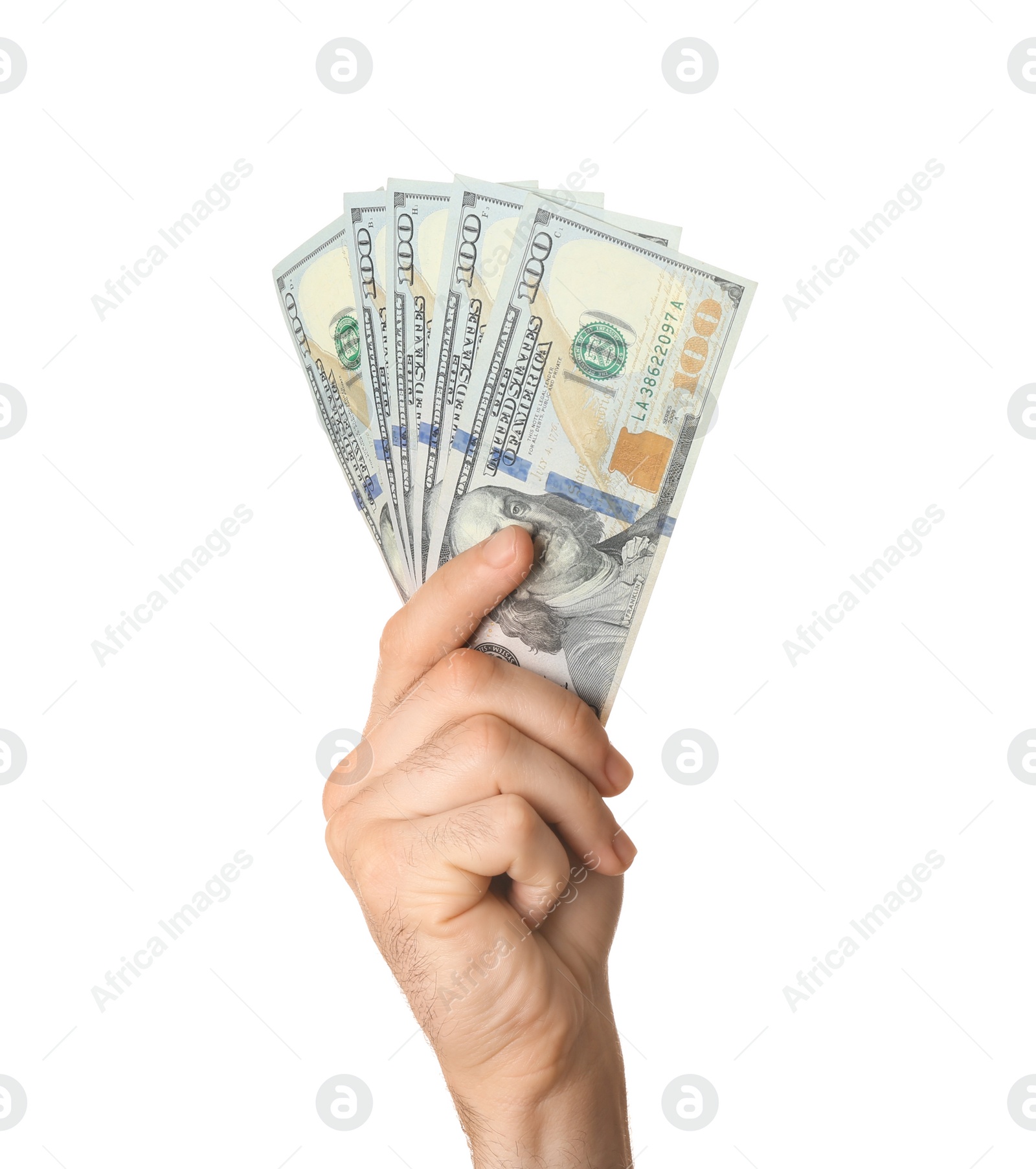 Photo of Man with dollar bills on white background, closeup