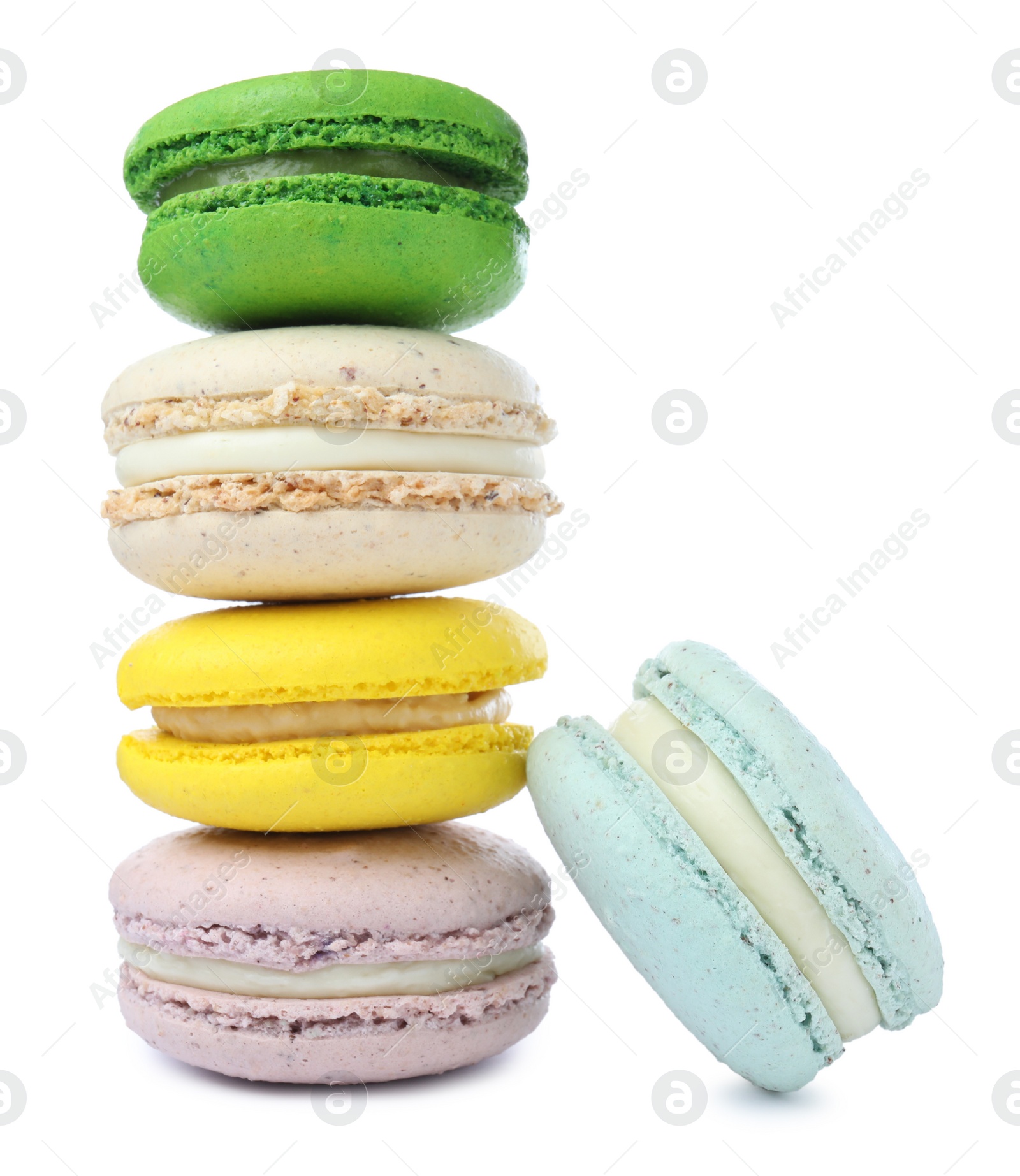 Photo of Different delicious colorful macarons on white background