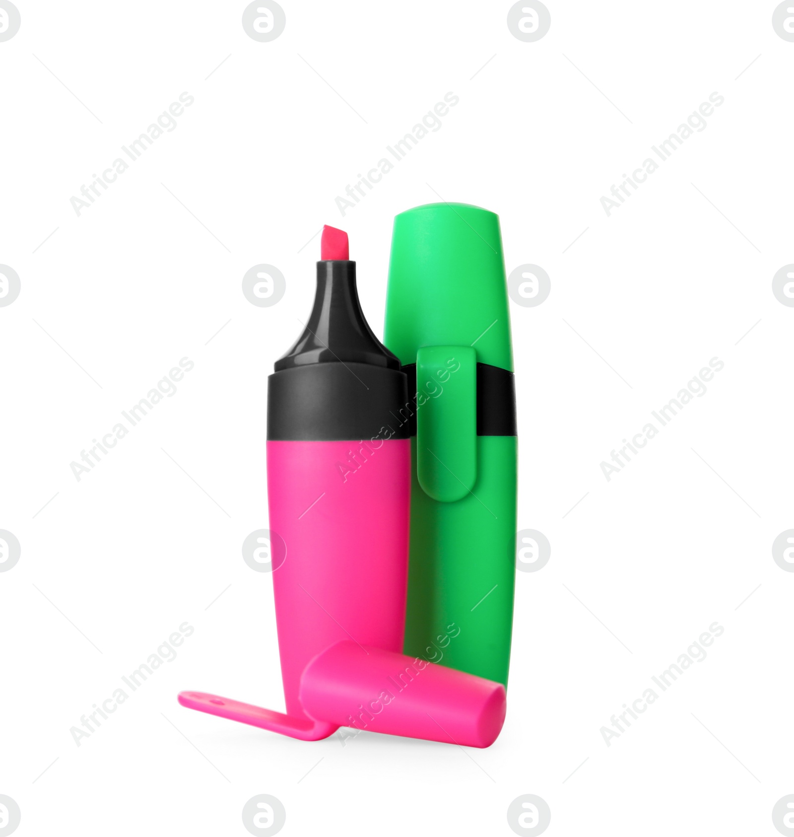 Photo of Bright color highlighters isolated on white. Stationery for office