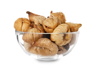 Photo of Bowl with figs on white background. Dried fruit as healthy food