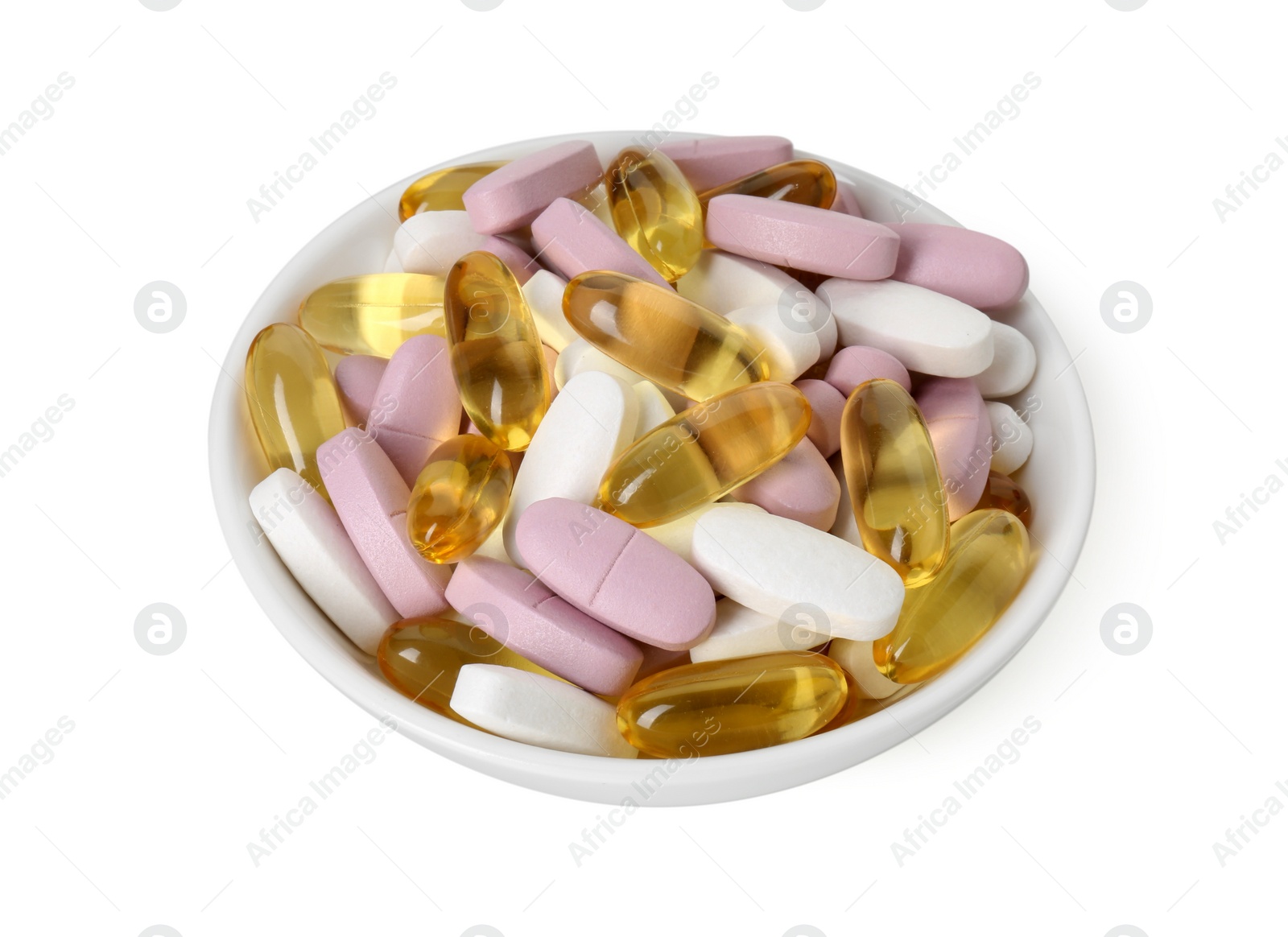 Photo of Different vitamin pills in bowl isolated on white. Health supplement