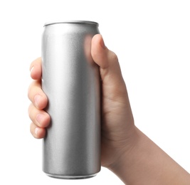 Photo of Woman holding aluminum can with beverage on white background, closeup. Mockup for design