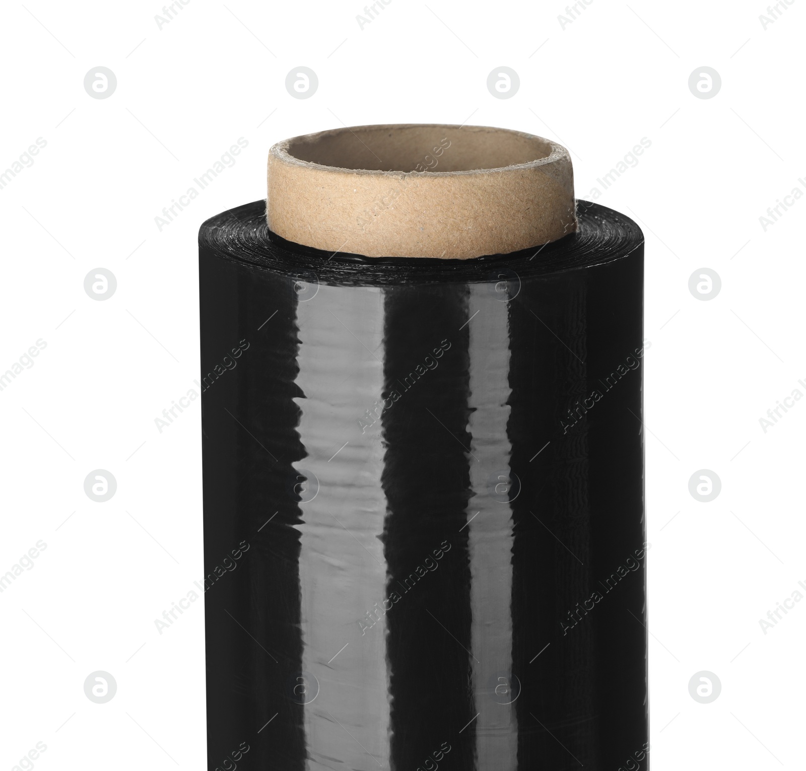 Photo of Roll of black plastic stretch wrap film isolated on white, closeup