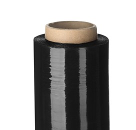 Photo of Roll of black plastic stretch wrap film isolated on white, closeup