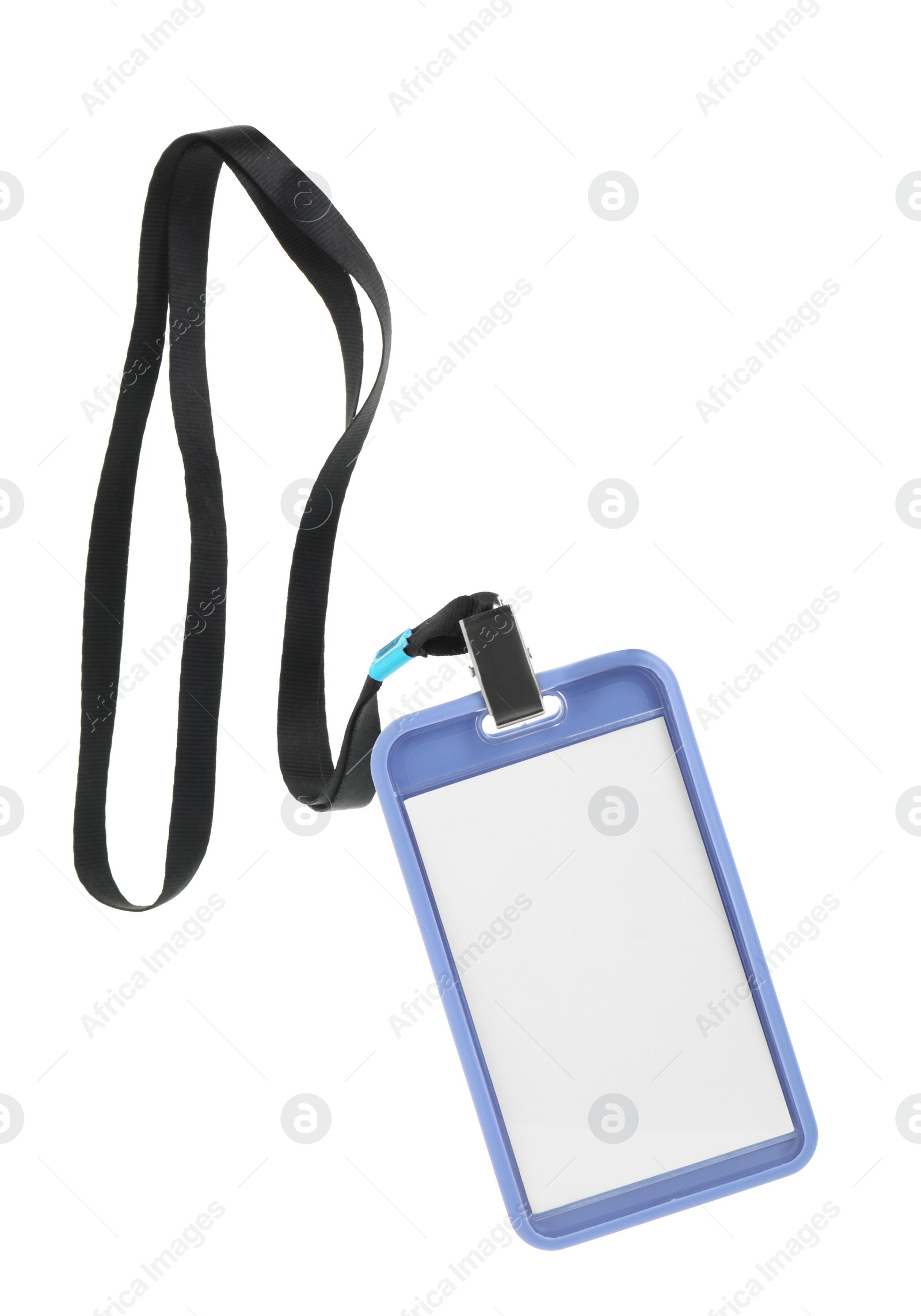 Photo of Blank blue badge with string isolated on white