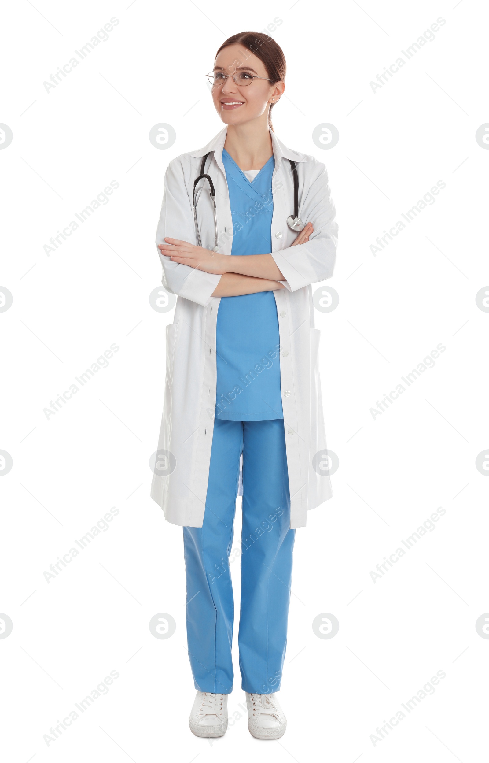 Photo of Full length portrait of doctor on white background