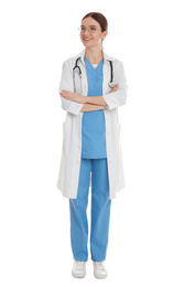 Full length portrait of doctor on white background