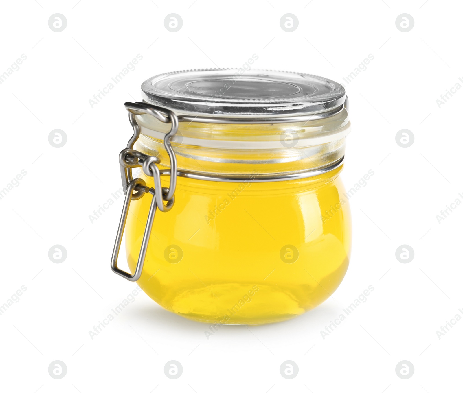 Photo of Tasty colorful jelly in glass jar on white background