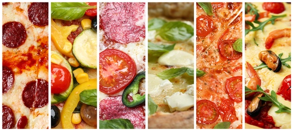 Collage with different pizzas, closeup view. Banner design 