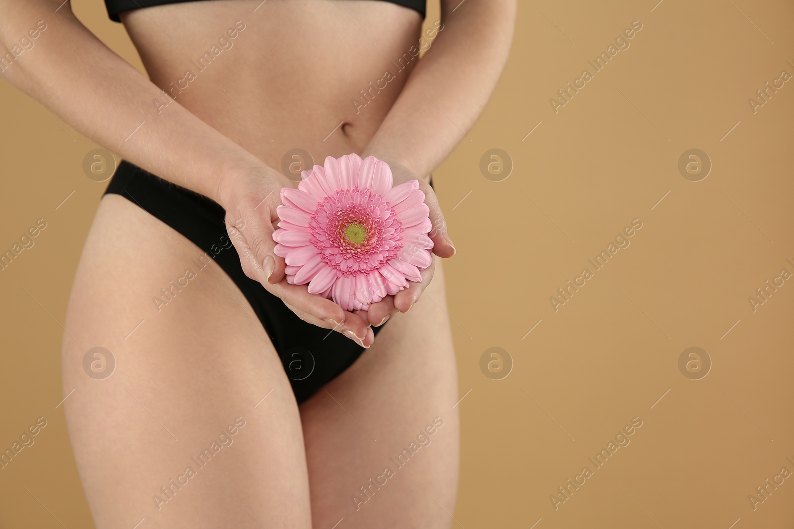 Photo of Gynecology. Woman in underwear with gerbera flower on beige background, closeup. Space for text