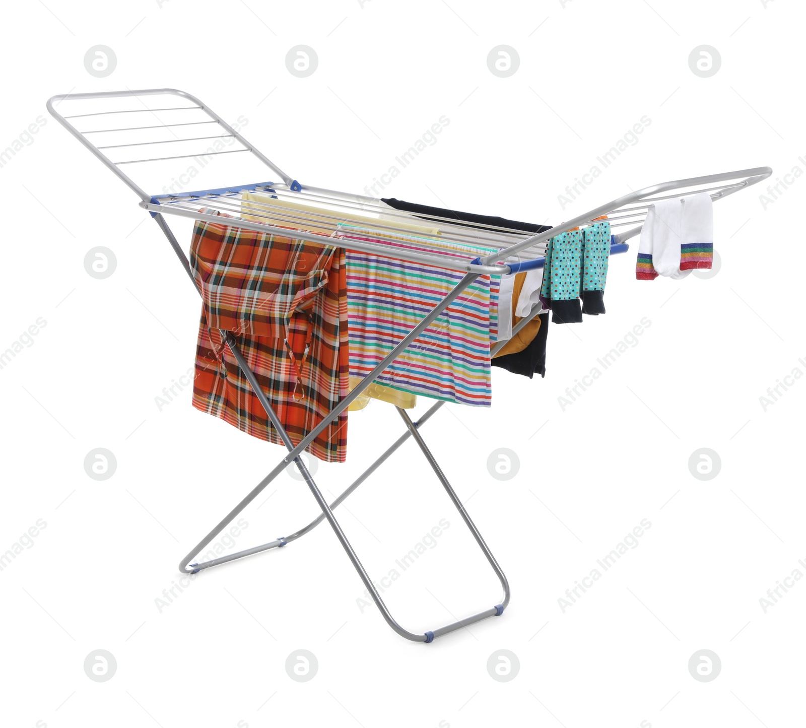 Photo of Modern drying rack with clothes on white background