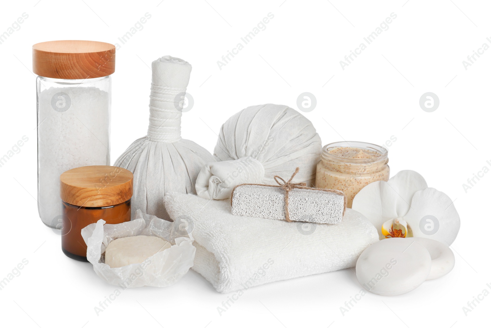 Photo of Beautiful spa composition with different body care products isolated on white