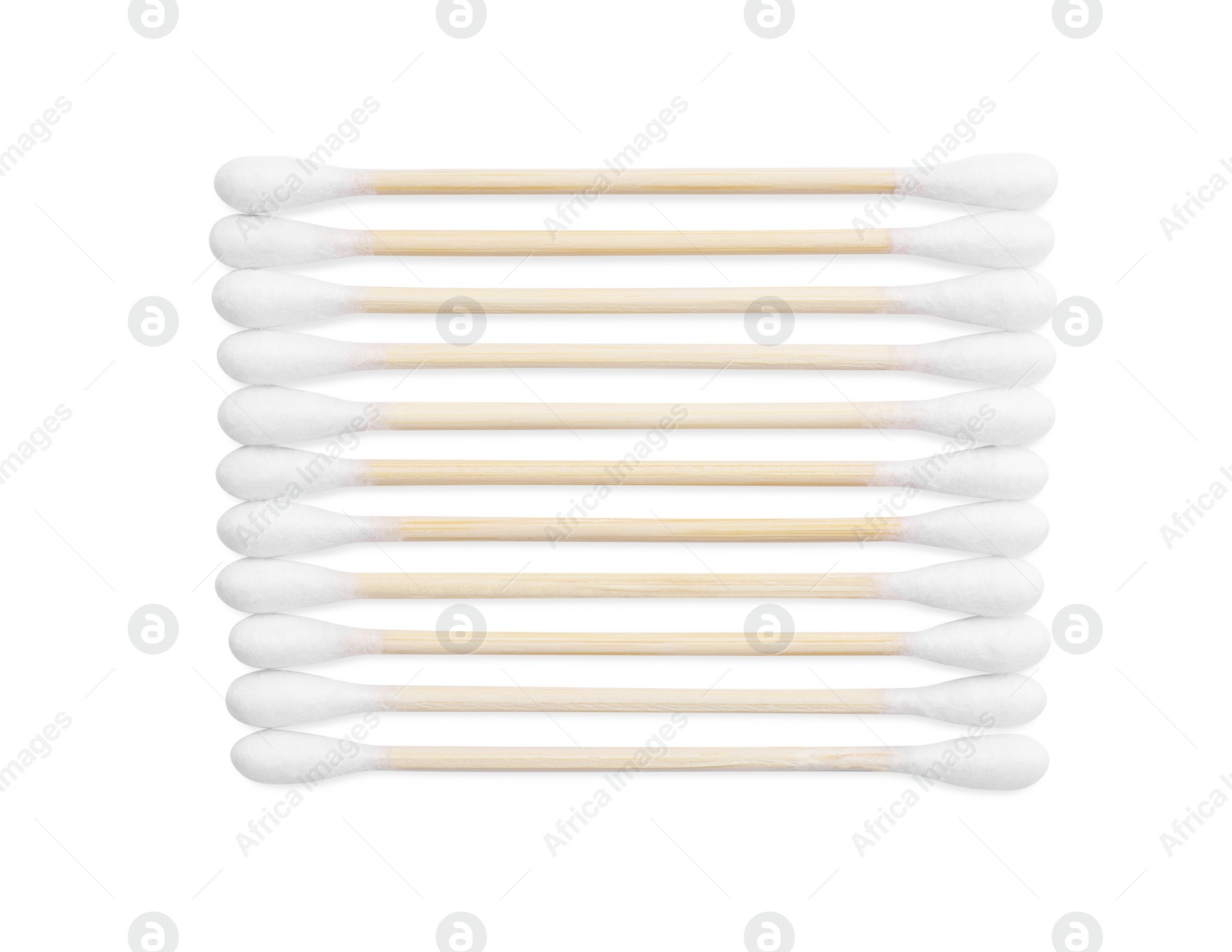 Photo of Wooden cotton buds on white background, top view