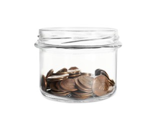 Photo of Glass jar with coins isolated on white