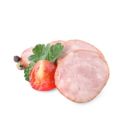 Photo of Slices of delicious smoked sausage with tomato and parsley isolated on white