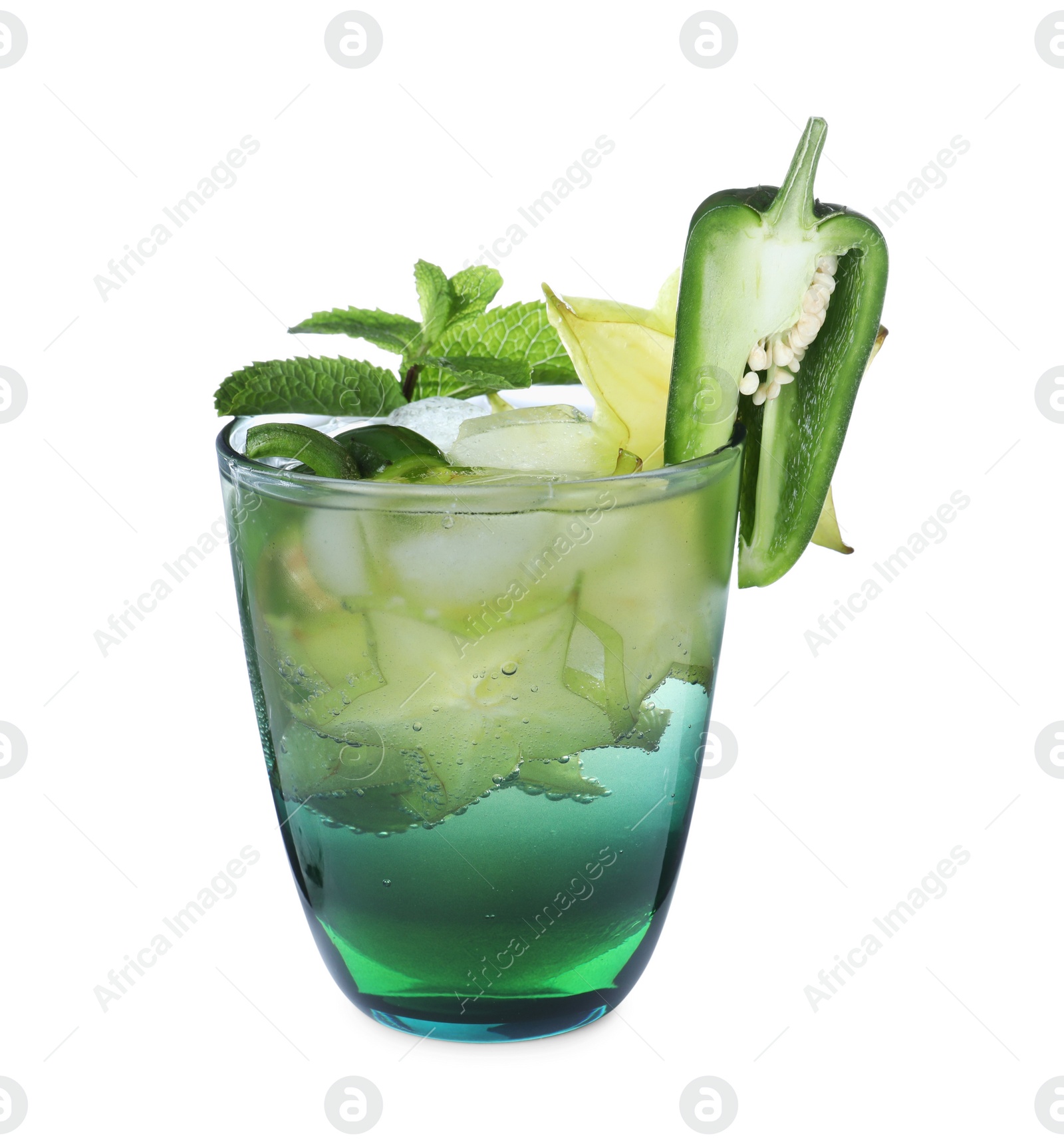 Photo of Spicy cocktail with jalapeno, carambola and mint isolated on white