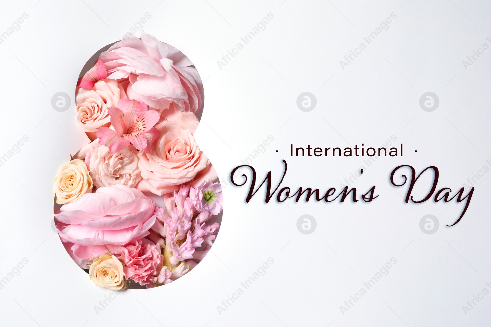 Image of 8 March - Happy International Women's Day. Greeting card design with different flowers, top view