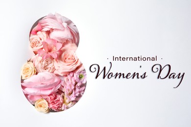 8 March - Happy International Women's Day. Greeting card design with different flowers, top view