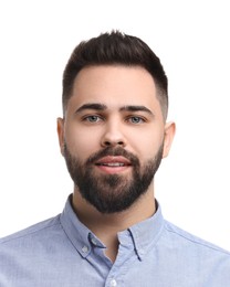 Image of Passport photo. Portrait of young man on white background