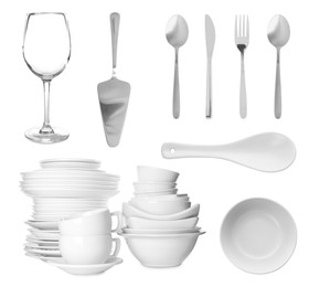 Image of Set with different clean dishware and cutlery on white background