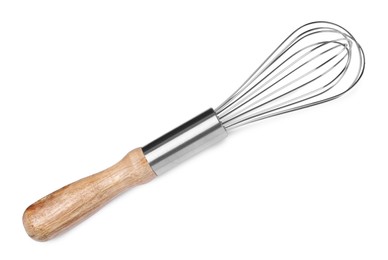 Photo of New balloon whisk with wooden handle isolated on white, top view