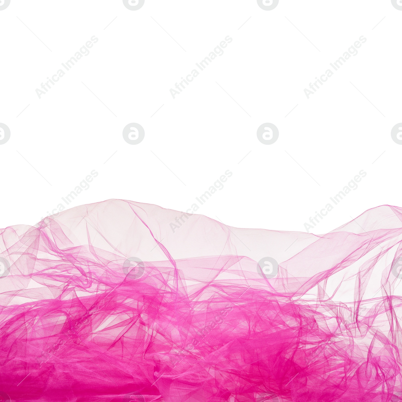 Photo of Beautiful pink tulle fabric on white background. Space for text