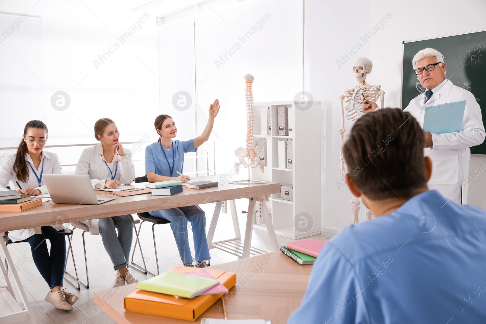 Photo of Medical students and professor studying human skeleton anatomy in classroom