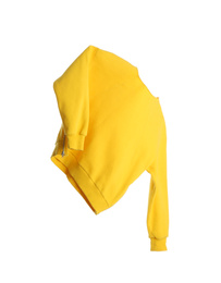 Photo of Yellow sweatshirt isolated on white. Stylish clothes