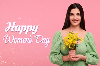 Image of Happy Women's Day - March 8. Attractive lady with mimosa flowers on pink background