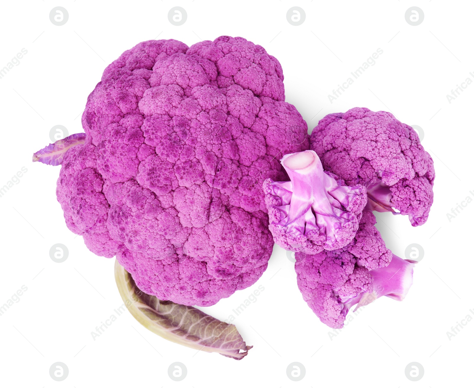Photo of Cut purple cauliflowers on white background, top view. Healthy food