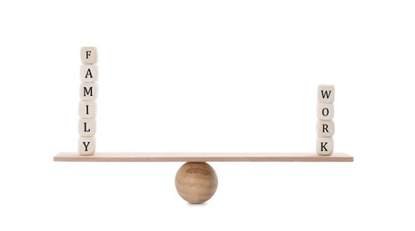 Work family balance concept. Wooden ball with cubes and small plank on white background