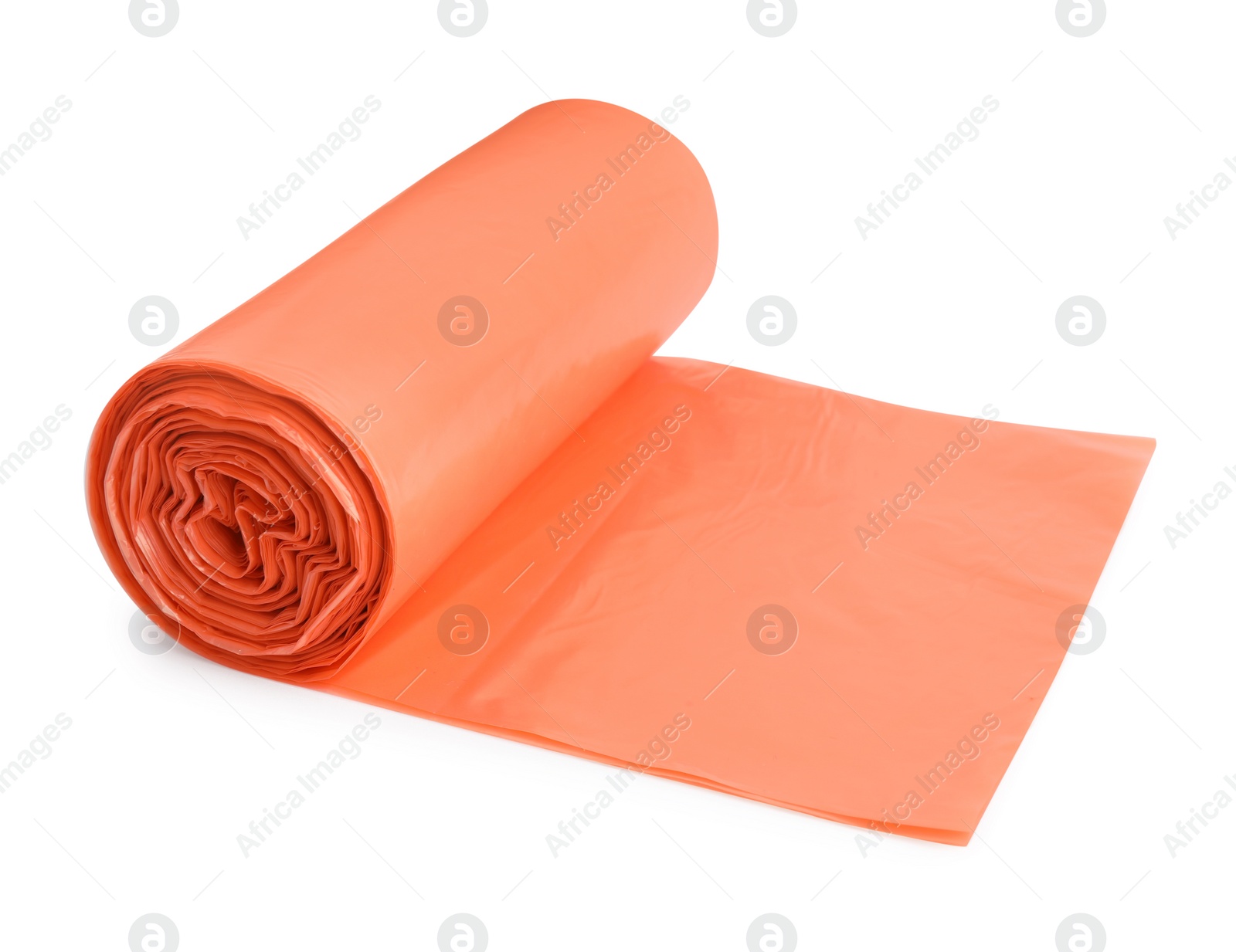 Photo of Roll of orange garbage bags isolated on white