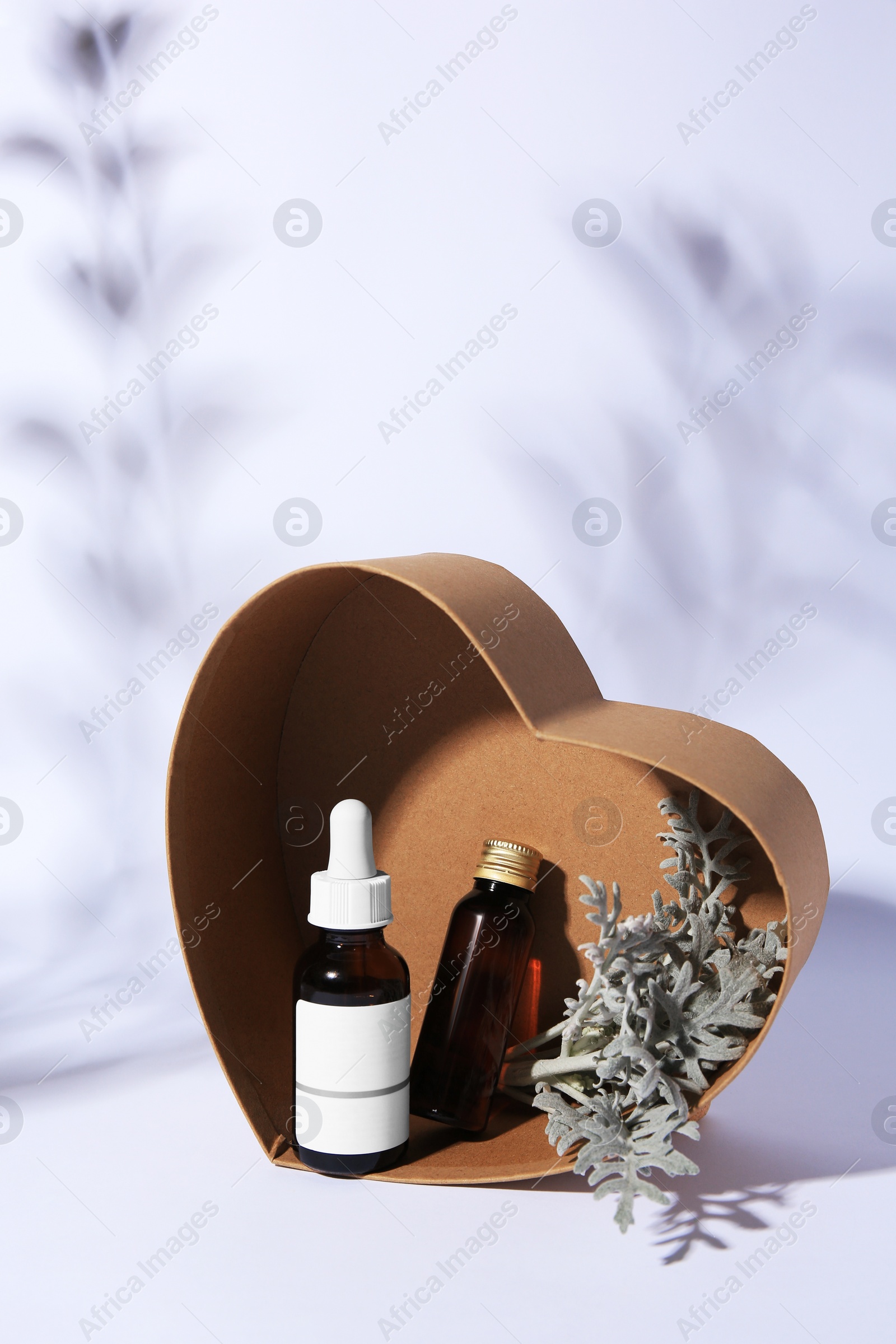 Photo of Heart shaped box with cosmetic products and silver leaves on white background