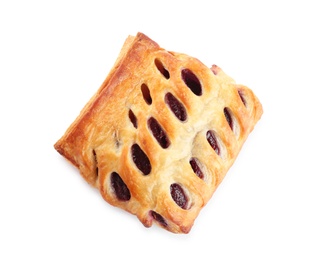 Photo of Fresh tasty puff pastry on white background, top view