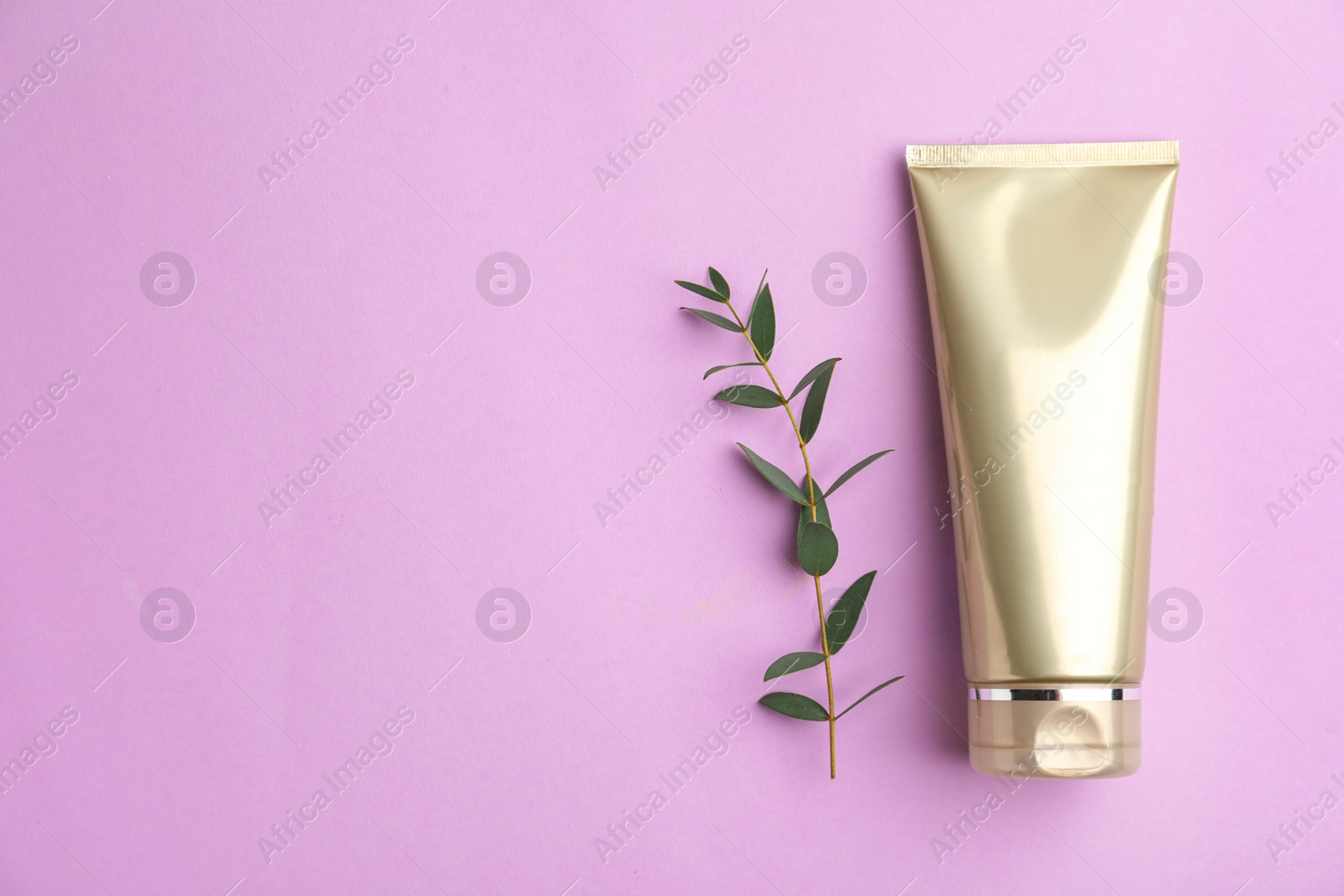 Photo of Hair cosmetic product and green branch on lilac background, flat lay. Space for text