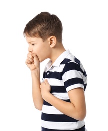 Photo of Little boy coughing on white background