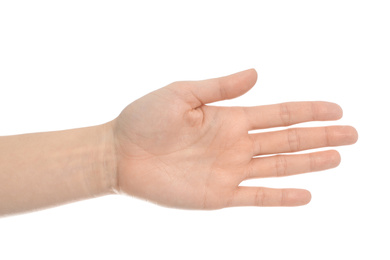 Woman against white background, closeup on hand