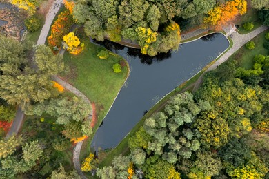 Image of Aerial view of beautiful autumn park with artificial pond