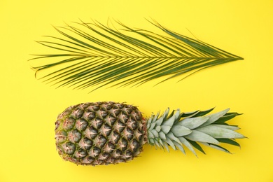 Photo of Fresh pineapple on color background, flat lay