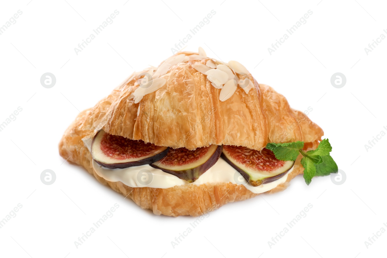 Photo of Delicious croissant with fig and cream cheese isolated on white