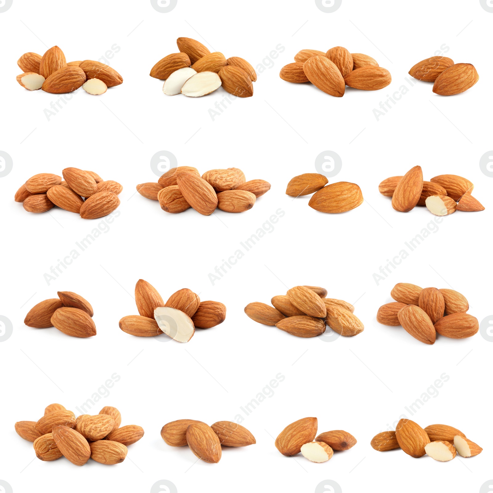 Image of Set with tasty almond nuts on white background 