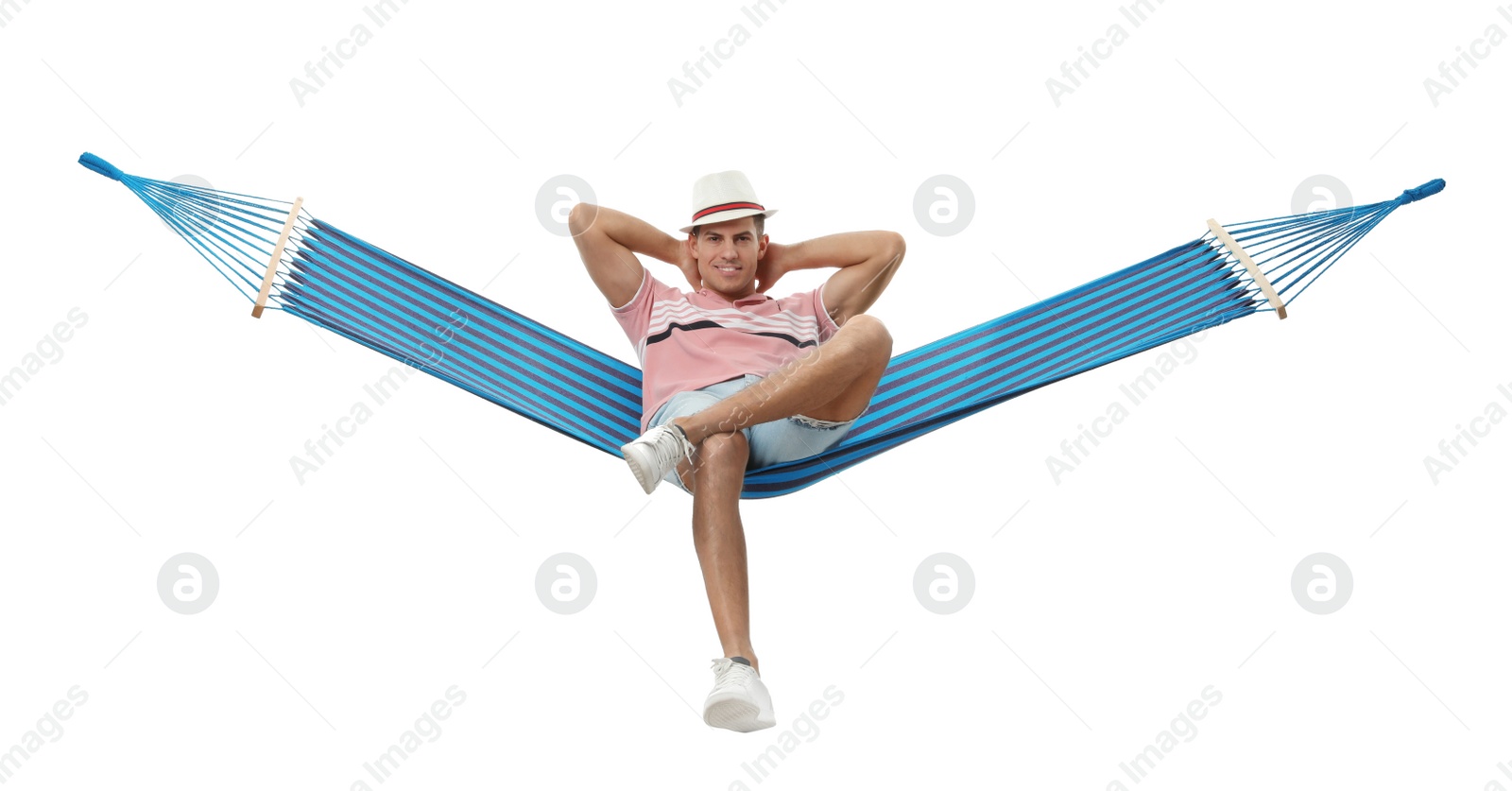 Photo of Man resting in hammock on white background