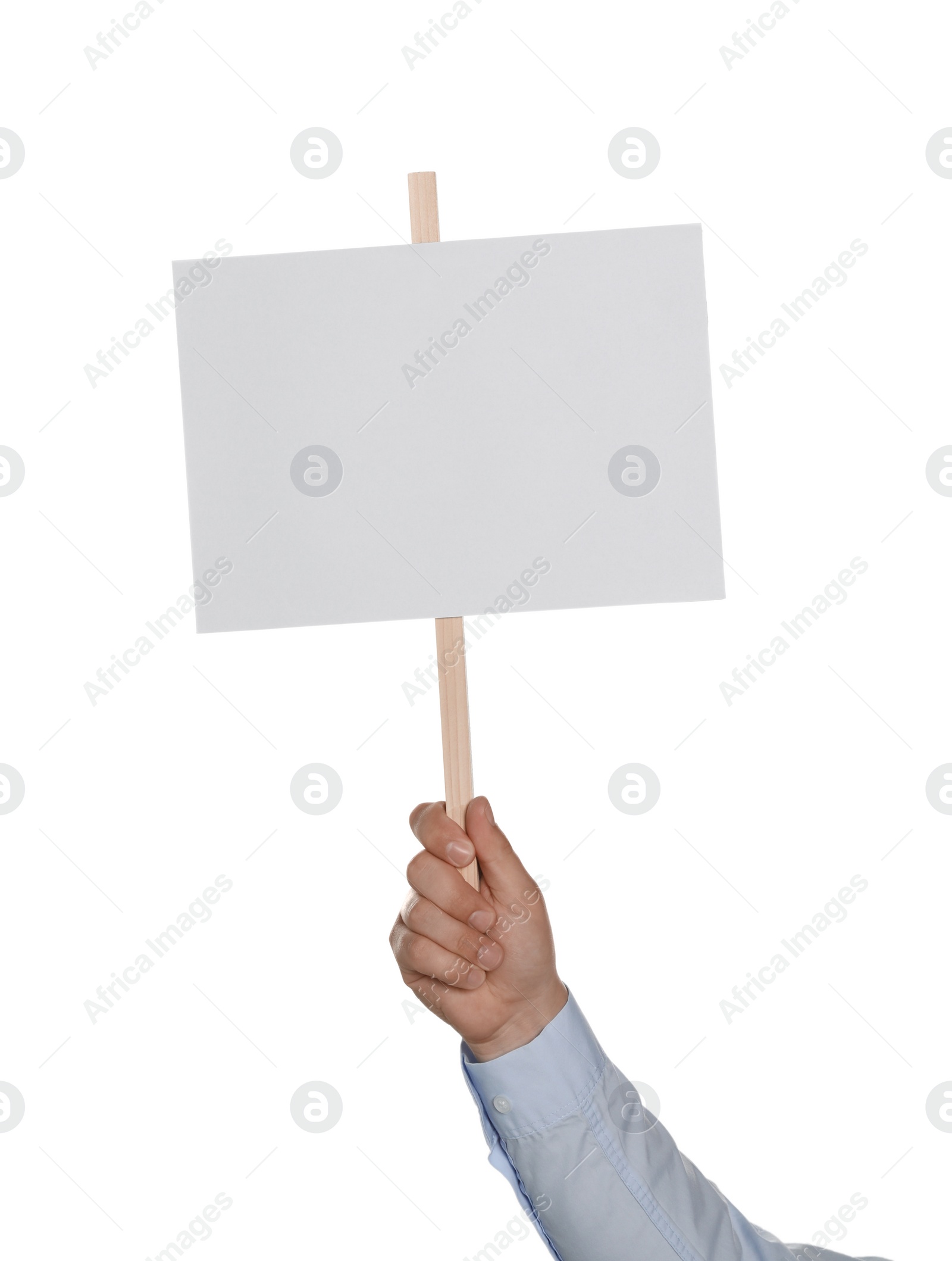 Photo of Man holding blank protest sign on white background, closeup