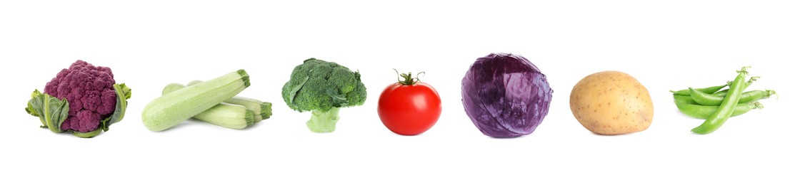 Image of Collection of different fresh vegetables on white background. Banner design