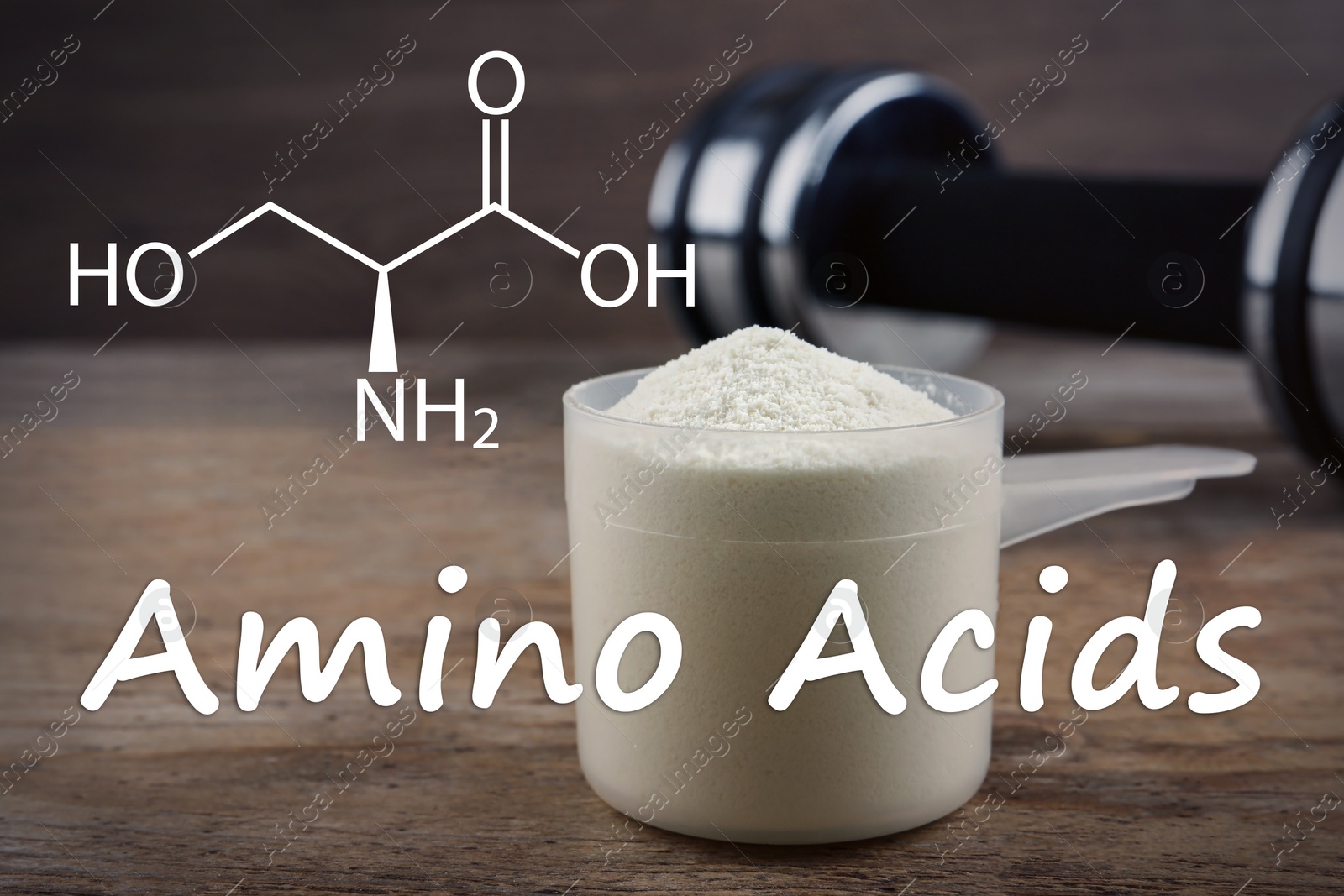 Image of Measuring scoop of amino acids powder on wooden table, closeup